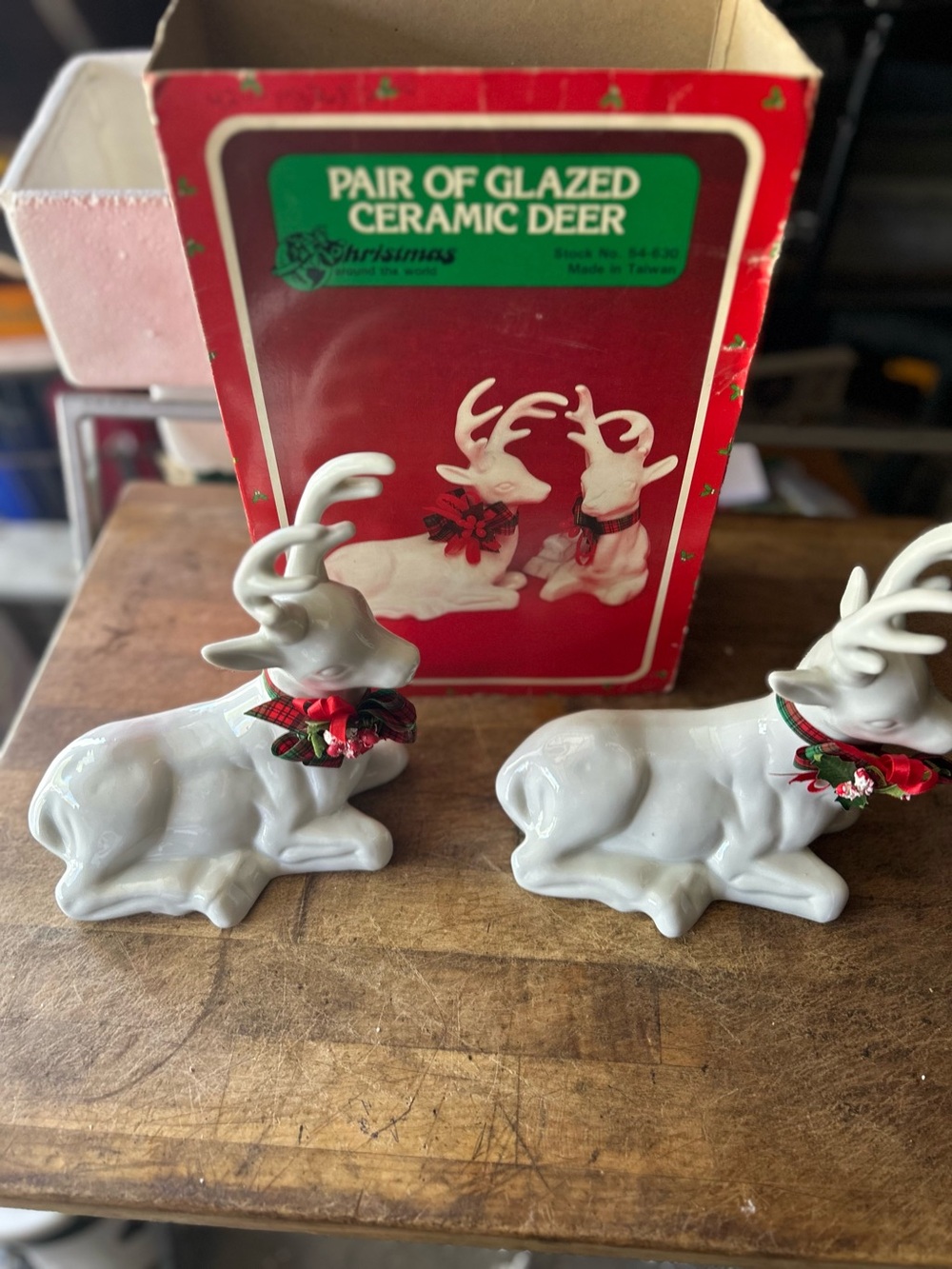 Pair of White Glazed Ceramic Reindeer - Holiday Home Decor